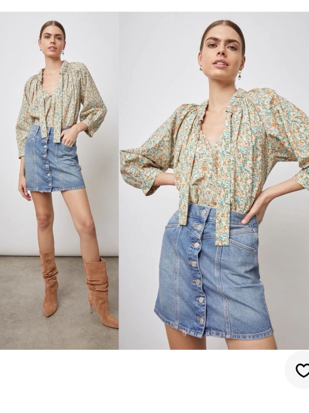 Rails Floral Tie-Neck Blouse in Green and Cream